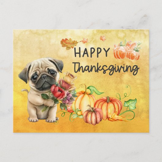 PUG Dogs Happy Thanksgiving Day waterverf Feestdagenkaart (Voorkant)