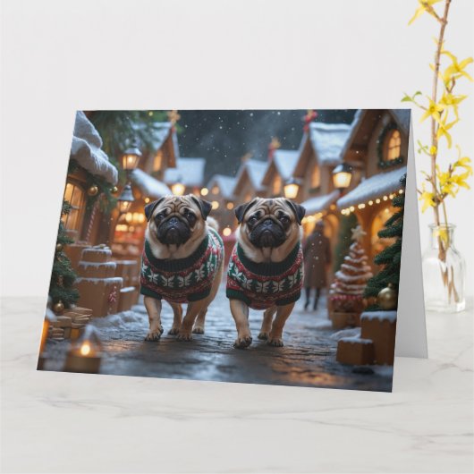 Pug Dogs Kerstmis Sneeuw Vakantie Kaart (Gele Bloem)