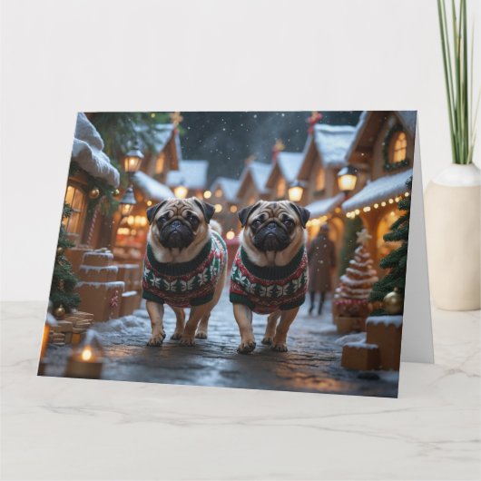 Pug Dogs Kerstmis Sneeuw Vakantie Kaart (Voorkant)