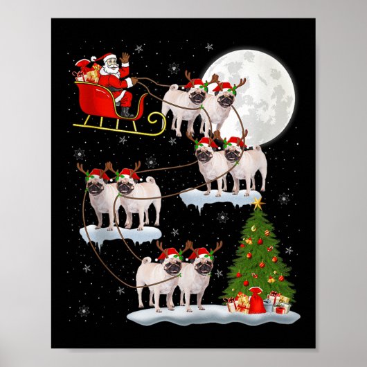 Pug Dogs Santa Sleigh Flying Funny Magical Christm Poster (Voorkant)