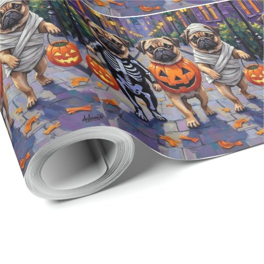 Pug Dogs Trick-or-Treating in Halloween kostuums Cadeaupapier (Rol Hoek)