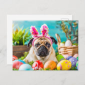 Pug Dressed as Easter Bunny with Eggs Briefkaart (Voorkant / Achterkant)