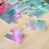 Pug drijft op roze flamingo vlot legpuzzel (Zijkant)