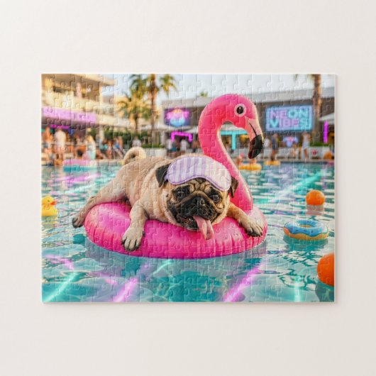 Pug drijft op roze flamingo vlot legpuzzel (Horizontaal)