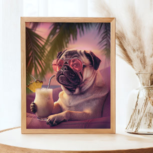 Pug Drink Cocktail Summer Pet Portrait Poster