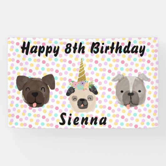 Pug eenhoorn klein meisje verjaardagsfeest spandoek (Horizontaal)