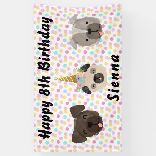 Pug eenhoorn klein meisje verjaardagsfeest spandoek (Verticaal)