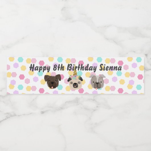 Pug eenhoorn klein meisje verjaardagsfeest waterfles etiket (Enkel label)