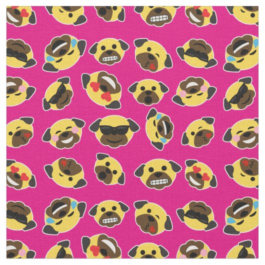 Pug Emoji Emoticon Pattern Fabric Hot Pink Stof (Close Up)