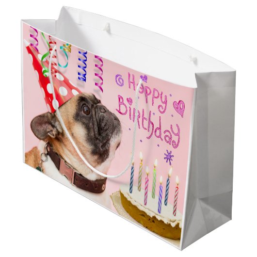 Pug en Birthday Cake Groot Cadeauzakje (Achterkant Gekanteld)