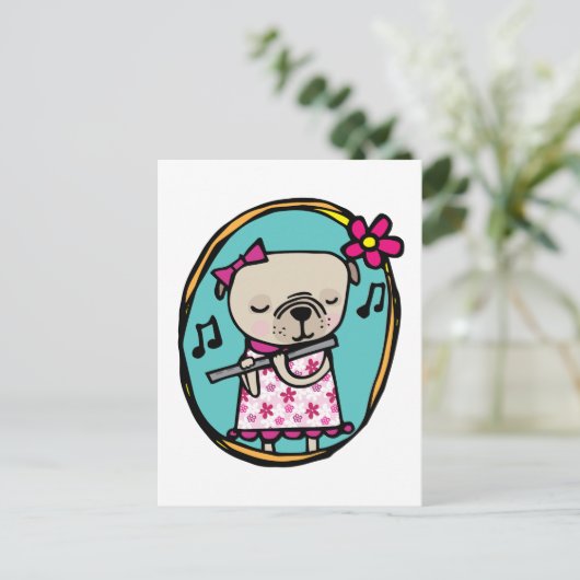 Pug en flute briefkaart (Staand voorkant)