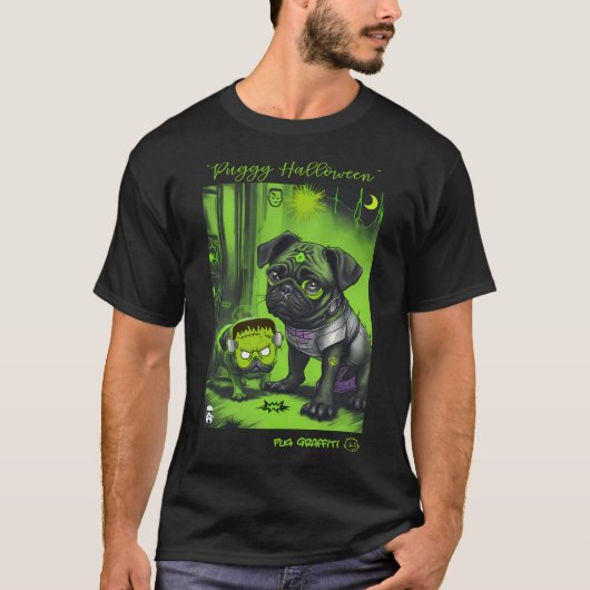 Pug en Frankenstein Graffiti Kunst 11 T-shirt (Voorkant)