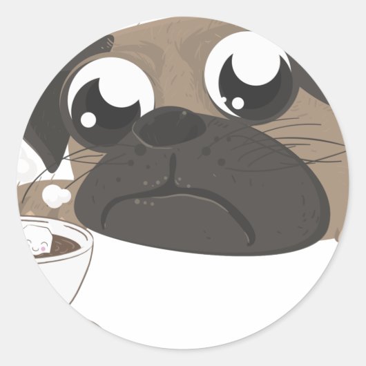Pug en koffie ronde sticker (Voorkant)