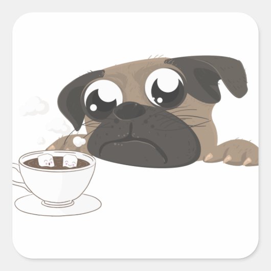 Pug en koffie vierkante sticker (Voorkant)