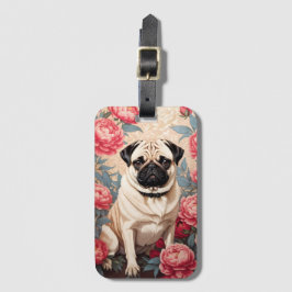 Pug en pioenbloemen William Morris geïnspireerd Bagagelabel