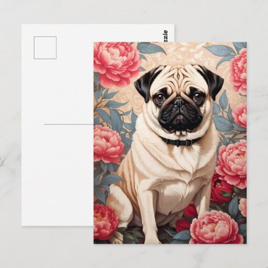 Pug en pioenbloemen William Morris geïnspireerd Briefkaart (Voorkant / Achterkant)
