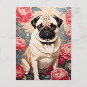 Pug en pioenbloemen William Morris geïnspireerd Briefkaart