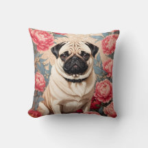 Pug en pioenbloemen William Morris geïnspireerd