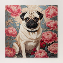Pug en pioenbloemen William Morris geïnspireerd