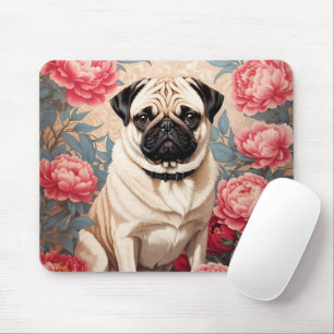 Pug en pioenbloemen William Morris geïnspireerd Muismat