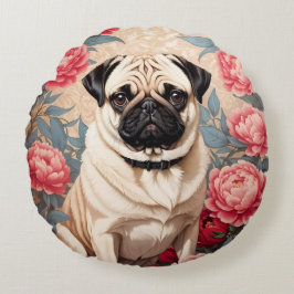 Pug en pioenbloemen William Morris geïnspireerd Rond Kussen