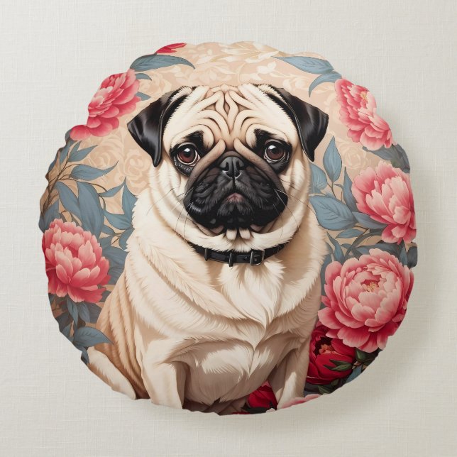 Pug en pioenbloemen William Morris geïnspireerd Rond Kussen (Voorkant)
