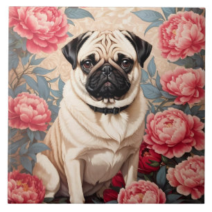 Pug en pioenbloemen William Morris geïnspireerd Tegeltje