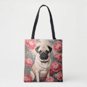 Pug en pioenbloemen William Morris geïnspireerd Tote Bag (Voorkant)
