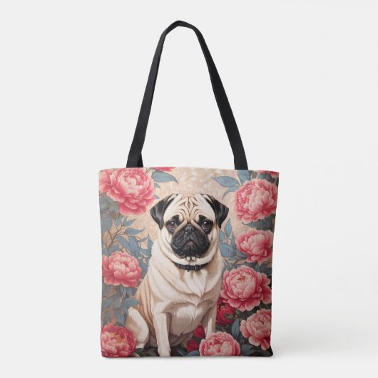 Pug en pioenbloemen William Morris geïnspireerd Tote Bag (Achterkant)