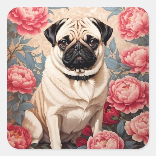 Pug en pioenbloemen William Morris geïnspireerd Vierkante Sticker (Voorkant)