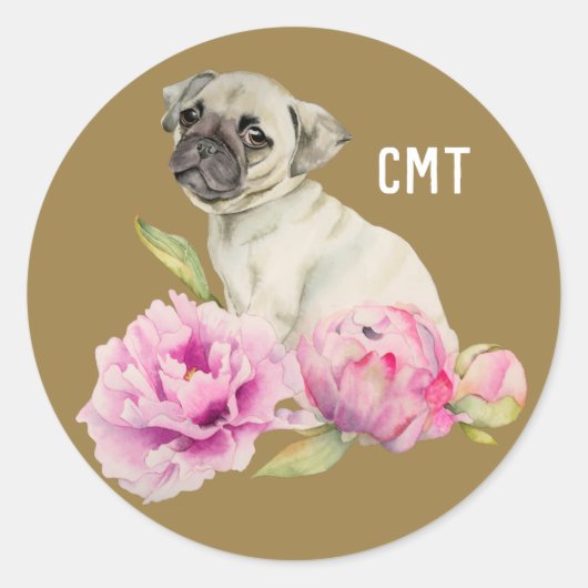 Pug en pioenen | Hondenkunst | Monogram Ronde Sticker (Voorkant)