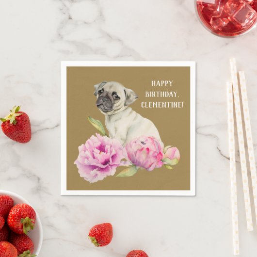 Pug en pioenen | Waterverf schilderij | Birthday Servetten (Insitu)