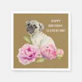 Pug en pioenen | Waterverf schilderij | Birthday Servetten (Voorkant)