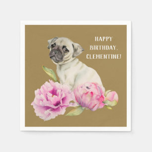 Pug en pioenen   Waterverf schilderij   Birthday Servetten
