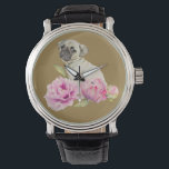 Pug en pony's | Illustratie Waterverf Horloge<br><div class="desc">Dit is een schilderij van een waterverf pug die midden in de pony-bloemen zit. De bloemen beginnen als een stok aan de rechterkant en bloeien langzaam naar zijn volle omvang als hij naar links gaat.</div>