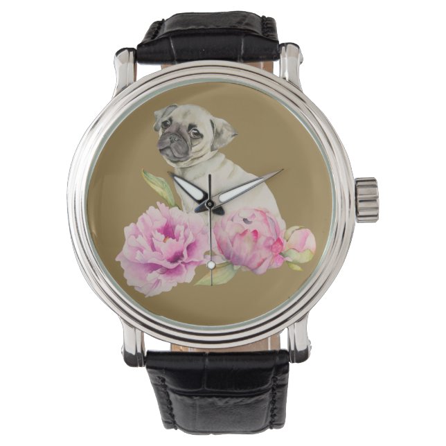 Pug en pony's | Illustratie Waterverf Horloge (Voorkant)