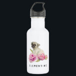 Pug en pony's | Jouw namen toevoegen Waterfles<br><div class="desc">Dit is een schilderij van een waterverf pug die midden in de pony-bloemen zit. De bloemen beginnen als een stok aan de rechterkant en bloeien langzaam naar zijn volle omvang als hij naar links gaat.</div>