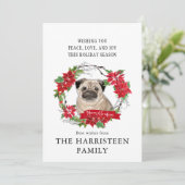 Pug fawn Waterverf Poinsettia Kerst Feestdagenkaart (Staand voorkant)