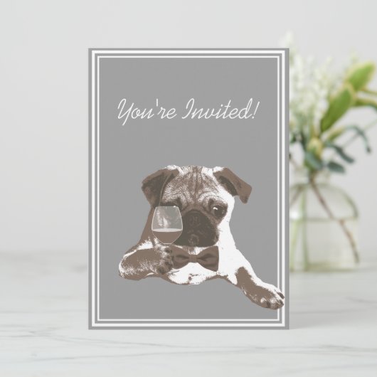 Pug & Fine Wine 30th Birthday Party Invitation Kaart (Staand voorkant)