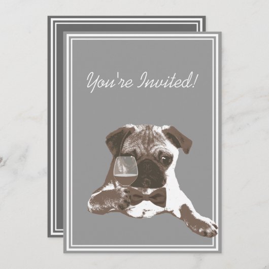 Pug & Fine Wine 30th Birthday Party Invitation Kaart (Voorkant / Achterkant)