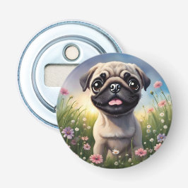 Pug Flowers Button Flesopener