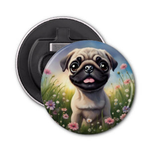 Pug Flowers Button Flesopener