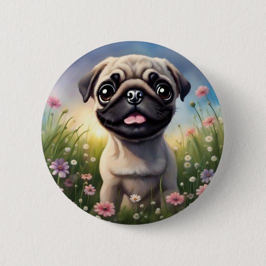Pug Flowers Ronde Button 5,7 Cm (Voorkant)