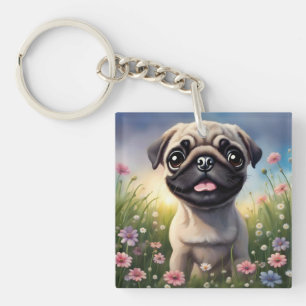 Pug Flowers Sleutelhanger