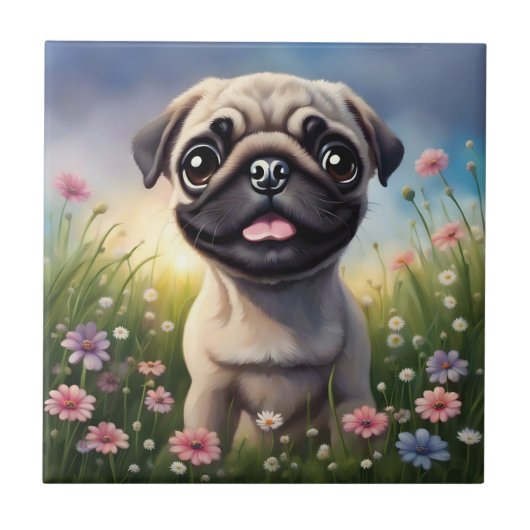Pug Flowers Tegeltje (Voorkant)