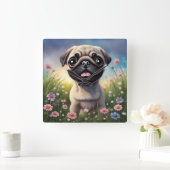 Pug Flowers Vierkante Klok (Huis)