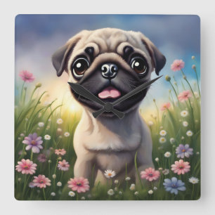 Pug Flowers Vierkante Klok