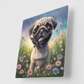 Pug Flowers Vierkante Klok (Hoek)