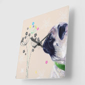 Pug & Flowers Wall Clock Vierkante Klok (Hoek)