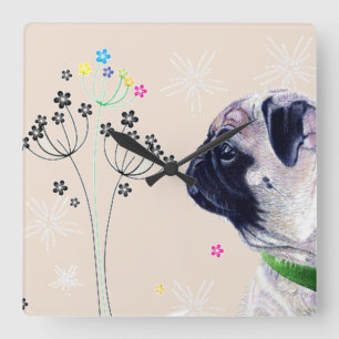 Pug & Flowers Wall Clock Vierkante Klok